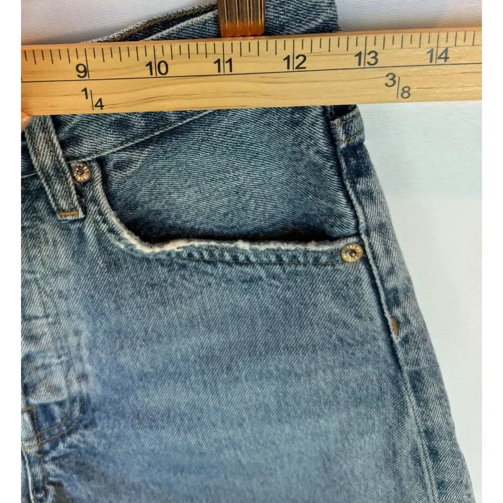 AGOLDE Parker Long Frayed Hem Button Fly Blue Denim Cutoff Shorts Size 23